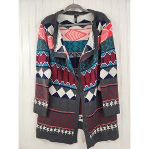 Nema Ave Womens L/XL Gray‎ Geometric Fair Isle Open Front Cardigan Sweater Cozy
